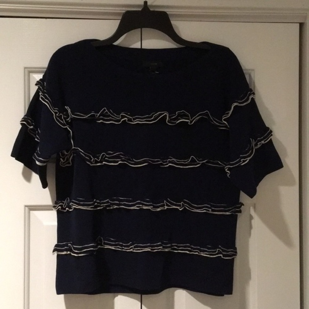 J. Crew Navy White Ruffle Boatneck sweater S M - Picture 7 of 8